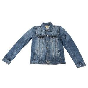 True Craft Womens Denim Jean Jacket Size Medium Split Side Distressed Med Wash